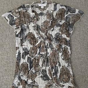 Dressbarn Sheer Floral Pleated Blouse Tie Front Ruffle Romantic Boho Size M